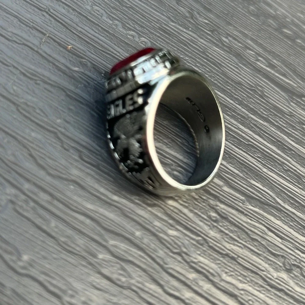 Vintage Eagles Jefferson High School Class Ring Red Stone Silver Tone Size 10